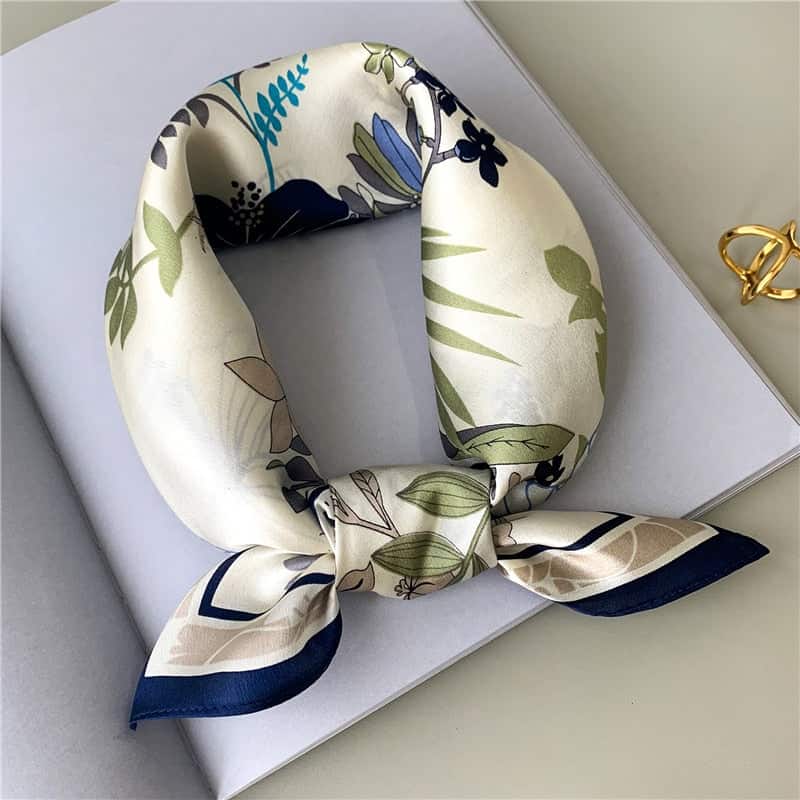 Camélia Patterned White Cream Navy Blue Silk Scarf Woman