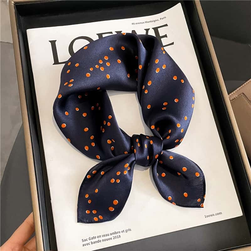 Isaiah Women'S Silk Square Scarf Navy Blue Orange With Polka Dots