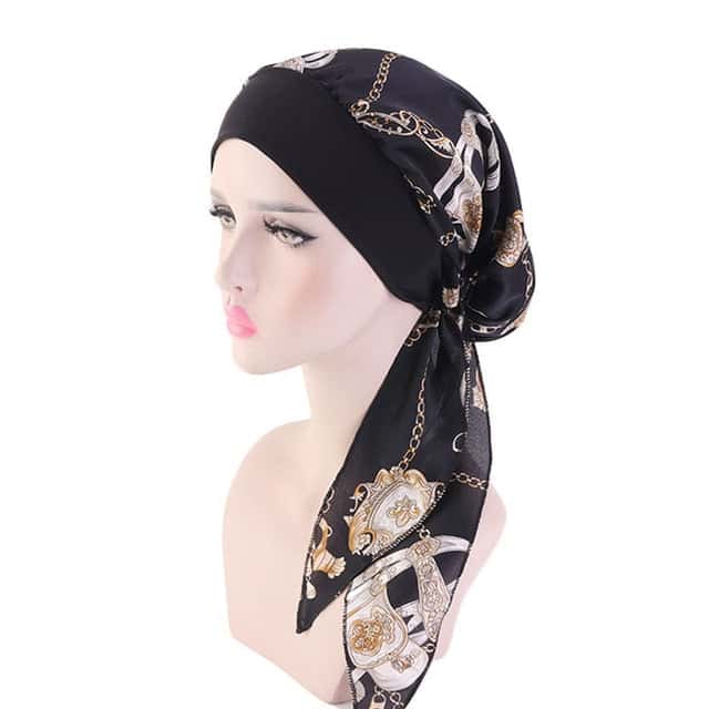 Adaline Long Black Chemo Scarf With Gold Designs - Baroque