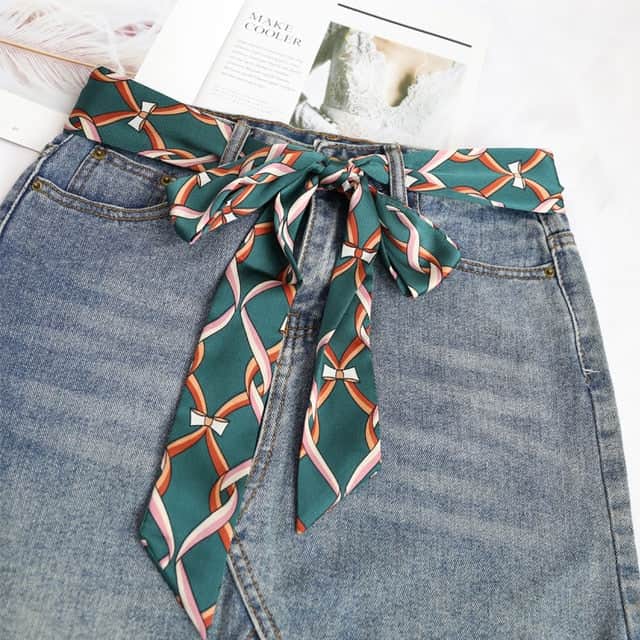 Belt Scarf Pants Dress Green Patterned