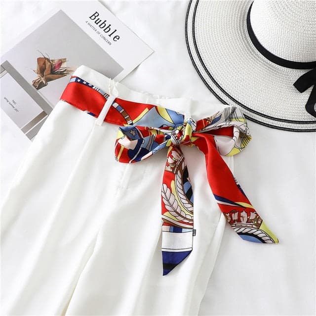Oraily Belt Scarf Pants Dress Red Patterned