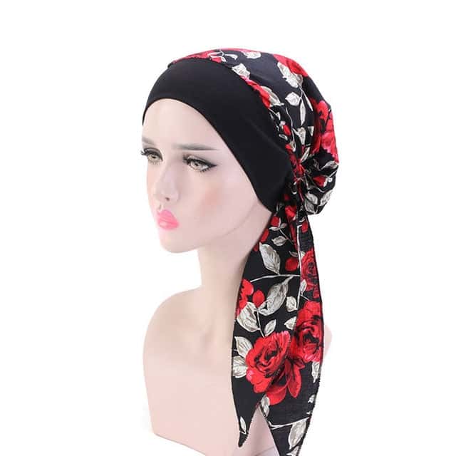 Alexandra Long Black Chemo Scarf - Red Roses